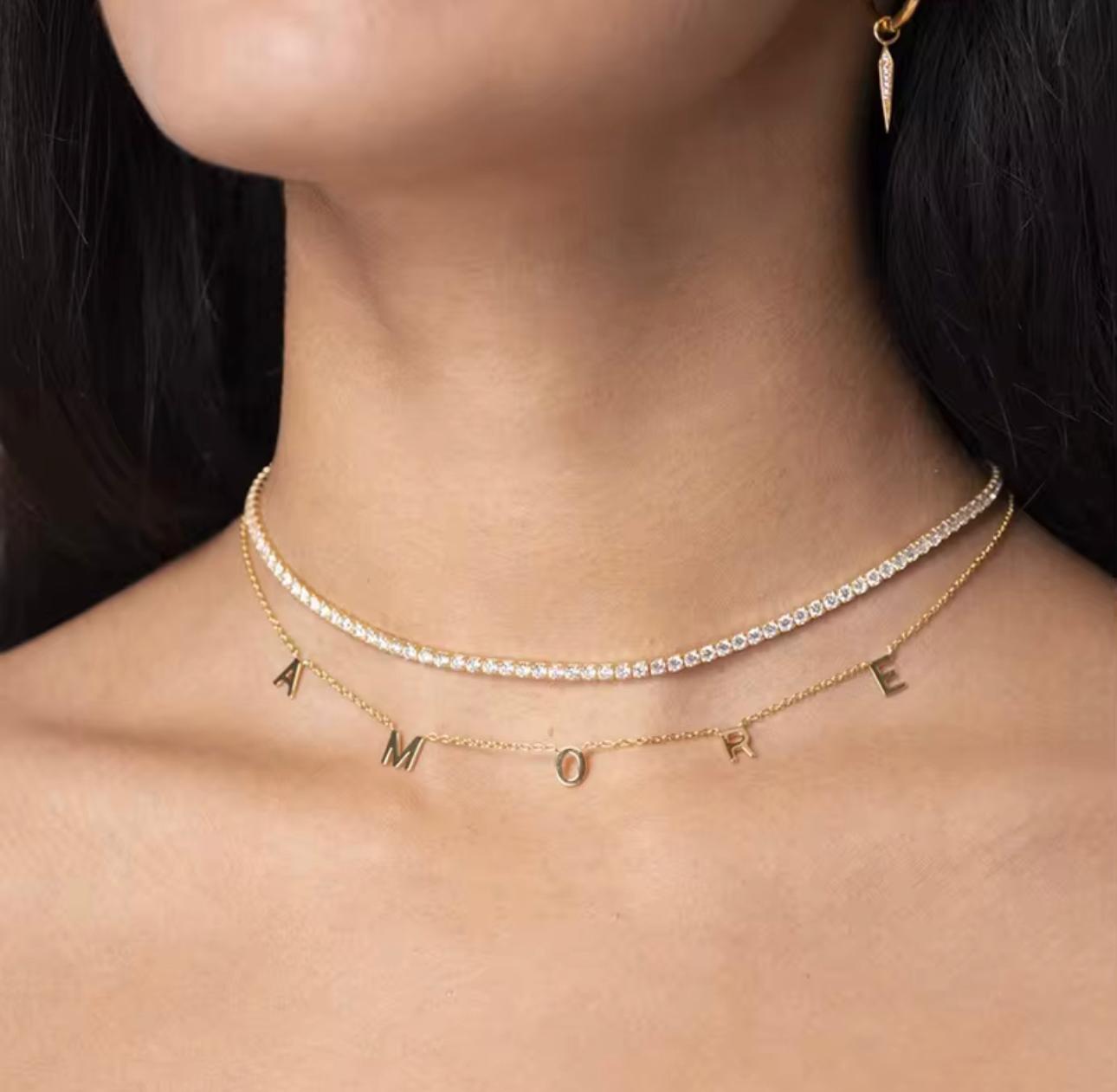 Elegant Crystal Tennis Choker Necklace Gold